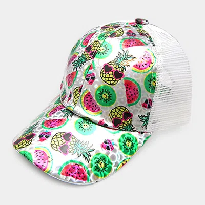Fashnzfab Pineapple Watermelon Kiwi Pattern Mesh Back Baseball Cap In Silver