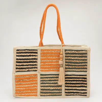 Fashnzfab Woven Color Block Stripe Wooden Tassel Straw Tote Bag In Multi