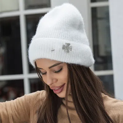 Fashnzfab Stone Paved Clover Lapel Pin Brooch Accented Fuzzy Beanie Hat In Multi