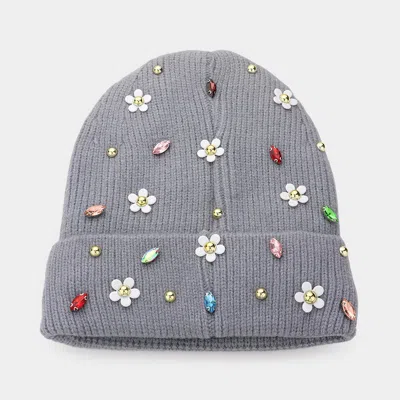 Fashnzfab Fleece Lining Daisy Flower Stone Embellished Solid Knit Beanie Hat In Gray