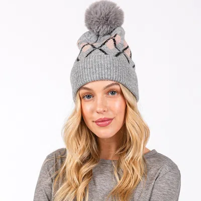 Fashnzfab Wool Blended Argyle Fleece Pom Pom Beanie Hat In Gray
