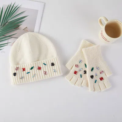 Fashnzfab Various Shaped Stone Cluster Embellished Knit Beanie Hat Gloves Set In Multi