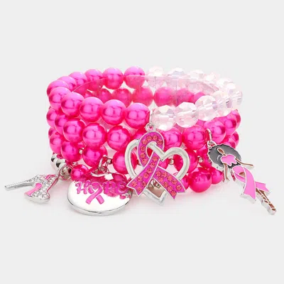 Fashnzfab 4pcs - Pink Ribbon Stiletto Heel Hope Message Afro Girl Charm Faceted Beaded Stretch Bracelets In Pink