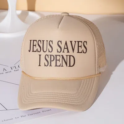 Fashnzfab Jesus Saves I Spend Message Printed Five Panel Mesh Back Trucker Hat In Brown