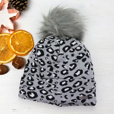 Fashnzfab Cheetah Print Double Layered Pom Pom Beanie Hat In Gray