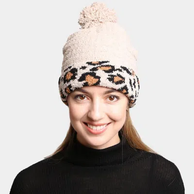 Fashnzfab Solid Color Linked Leopard Accented Pom-pom Beanie In Sand