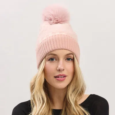 Fashnzfab Paid Pattern Faux Fur Mixed Fleeced Pom Pom Winter Beanie Hat In Pink