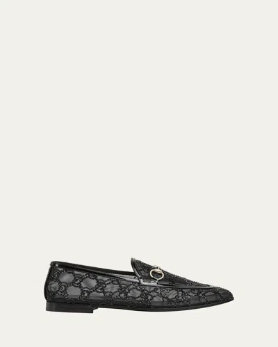 Gucci Almond Toe Mesh Loafers Embellished With Crystals In Black
