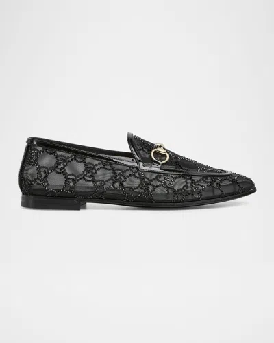 Gucci Almond Toe Mesh Loafers Embellished With Crystals In Black