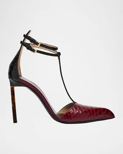 Tom Ford Python-effect Stiletto T-strap Pumps In Red