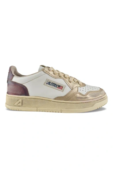 Autry Super Vintage Distressed Paneled Metallic Leather Sneakers In Neutral