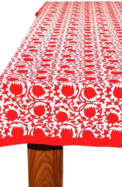 Tiramisu Crimson Bloom Block Print Cotton Tablecloth In Red