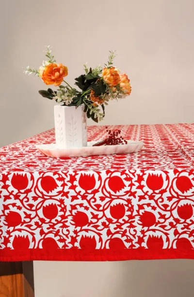 Tiramisu Crimson Bloom Block Print Cotton Tablecloth In Red
