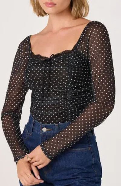 Astr The Label Lace Trim Long Sleeve Ruched Mesh Top In Black