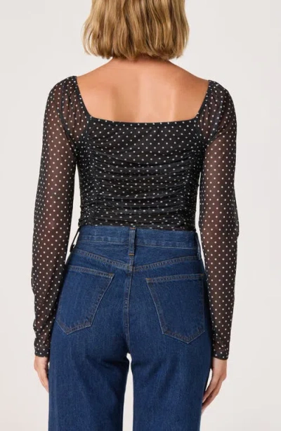 Astr The Label Lace Trim Long Sleeve Ruched Mesh Top In Black
