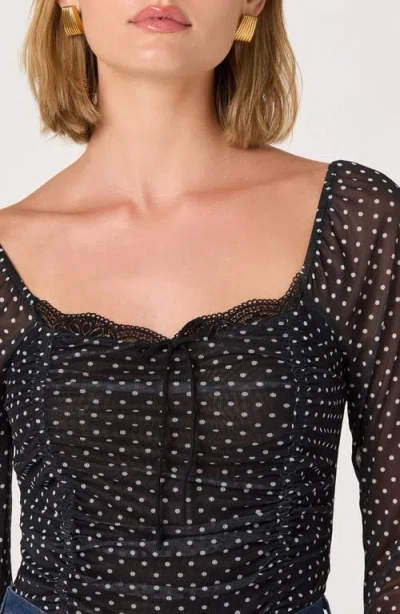 Astr The Label Lace Trim Long Sleeve Ruched Mesh Top In Black