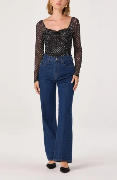 Astr The Label Lace Trim Long Sleeve Ruched Mesh Top In Black