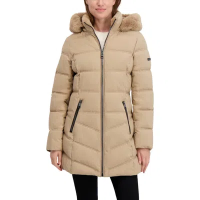 Laundry By Shelli Segal Soft Tech Puffer Jacket With Removable Faux Fur Trim Hood In Brown