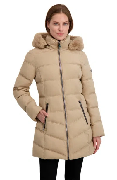 Laundry By Shelli Segal Soft Tech Puffer Jacket With Removable Faux Fur Trim Hood In Brown