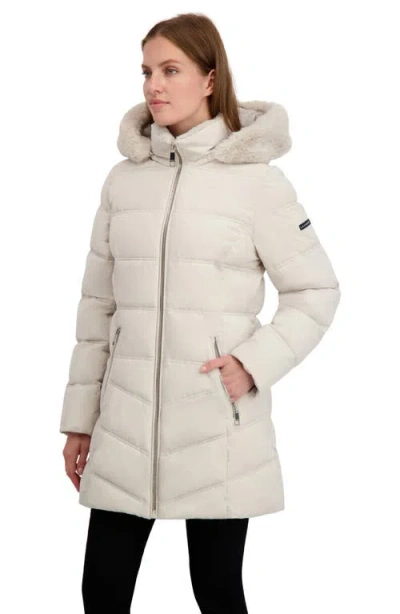 Laundry By Shelli Segal Soft Tech Puffer Jacket With Removable Faux Fur Trim Hood In White