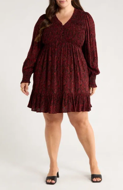Treasure & Bond Long Sleeve Smocked Bodice Dress In Burgundy