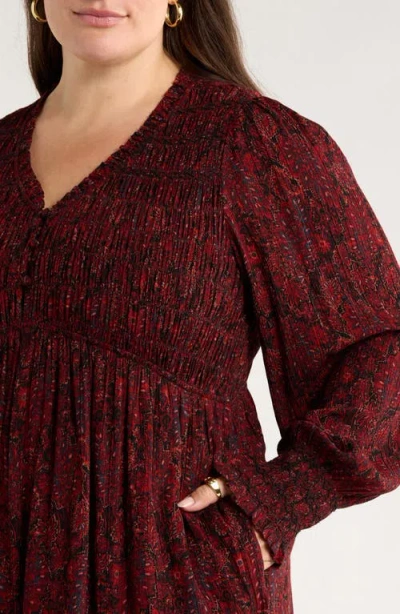 Treasure & Bond Long Sleeve Smocked Bodice Dress In Burgundy