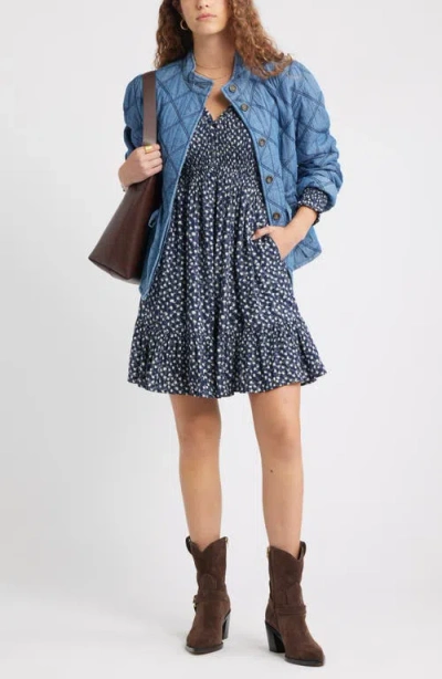 Treasure & Bond Long Sleeve Smocked Bodice Dress In Blue