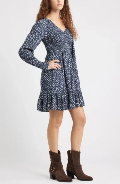 Treasure & Bond Long Sleeve Smocked Bodice Dress In Blue