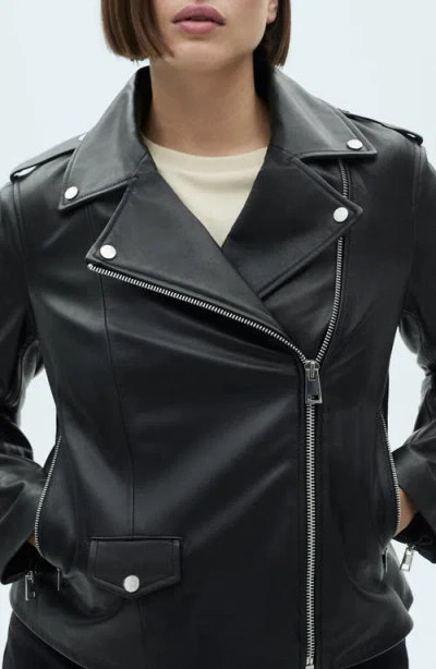 Mango Leather Biker Jacket In Black
