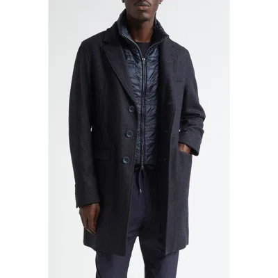 Herno Wool Blend Herringbone Topcoat With Removable Insulated Bib In Blue