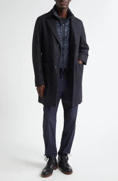 Herno Wool Blend Herringbone Topcoat With Removable Insulated Bib In Blue