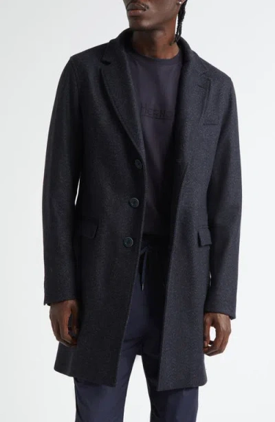 Herno Wool Blend Herringbone Topcoat With Removable Insulated Bib In Blue