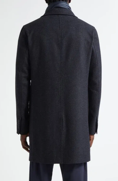 Herno Wool Blend Herringbone Topcoat With Removable Insulated Bib In Blue