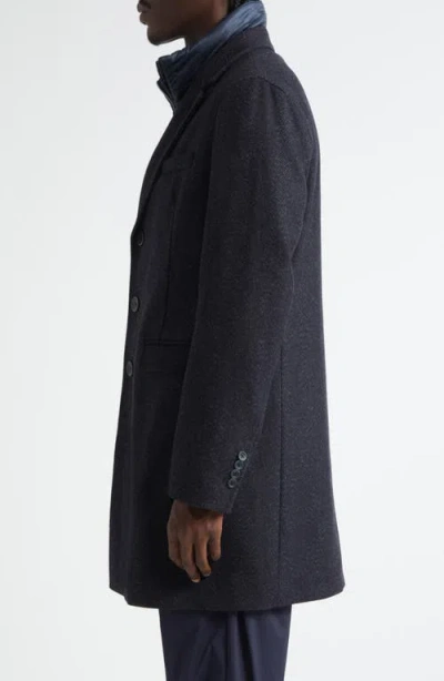 Herno Wool Blend Herringbone Topcoat With Removable Insulated Bib In Blue