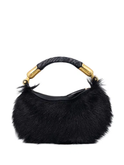 Balmain Genuine Fur Handbag With Leather Handle In Black