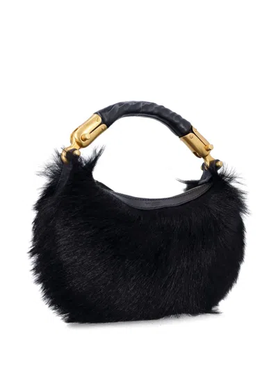 Balmain Genuine Fur Handbag With Leather Handle In Black