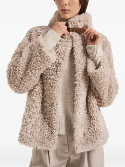 Herno Teddy Bear Texture Coat With High Collar In Neutral