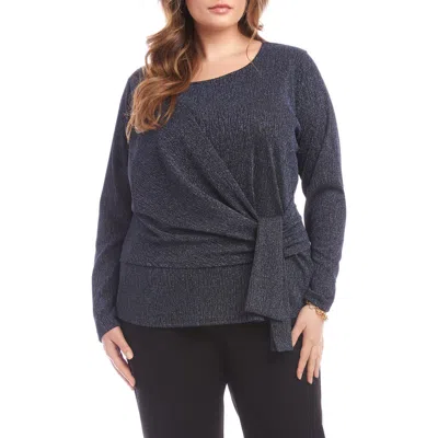 Karen Kane Plus Size Long Sleeve Metallic Knit Side Tie Top In Blue