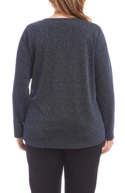 Karen Kane Plus Size Long Sleeve Metallic Knit Side Tie Top In Blue