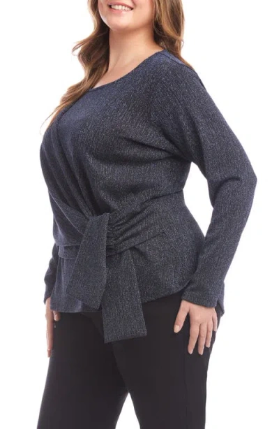 Karen Kane Plus Size Long Sleeve Metallic Knit Side Tie Top In Blue