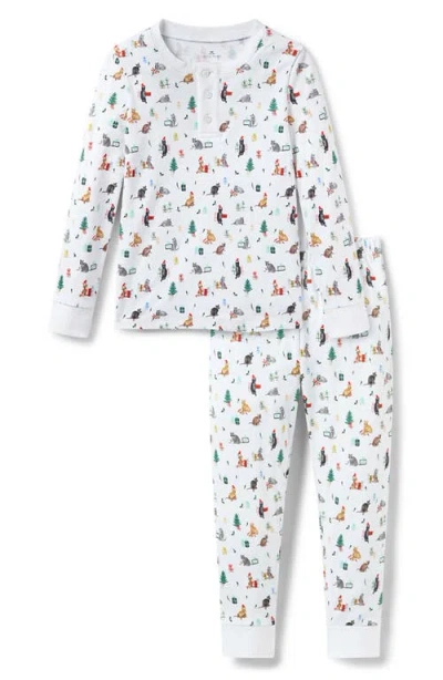 Petite Plume Kids' Merry Meow Fitted Two-piece Pima Cotton Pajamas In Blue