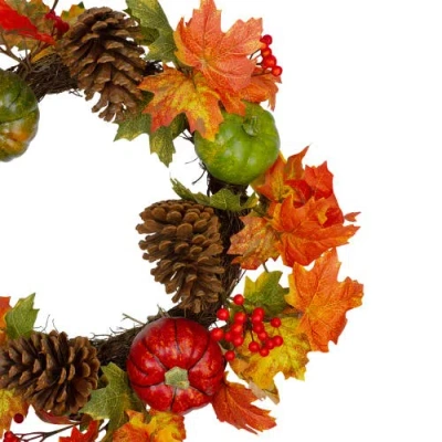 Northlight Leaves, Pine Cones And Pumpkins Artificial Fall Harvest Wreath In Multi