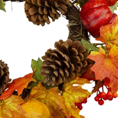 Northlight Leaves, Pine Cones And Pumpkins Artificial Fall Harvest Wreath In Multi