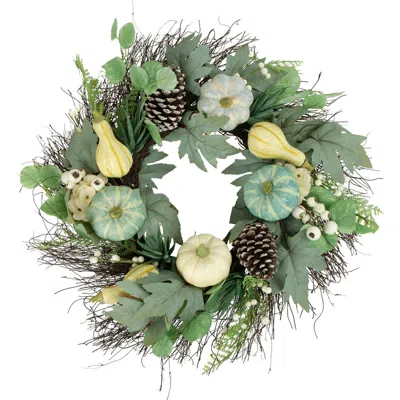 Northlight 22in Green And White Pumpkins With Berries Artificial Fall Harvest Wreath In Green