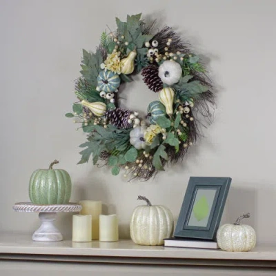 Northlight 22in Green And White Pumpkins With Berries Artificial Fall Harvest Wreath In Green
