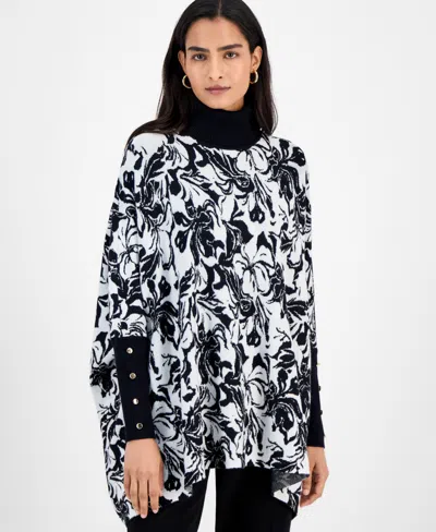 Jm Collection Petite Angelique Printed Turtleneck Poncho Sweater, Macy's Exclusive In Black