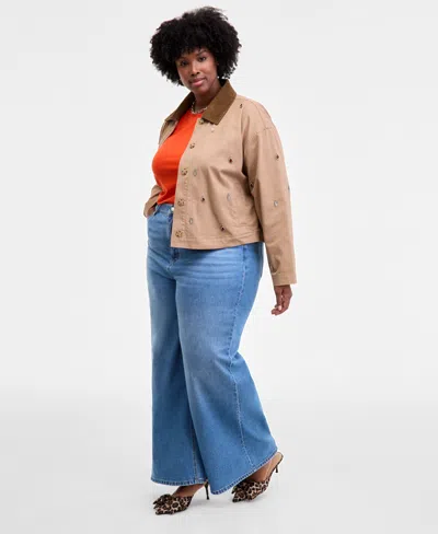 On 34th Trendy Plus Embellished Corduroy-collar Jacket, Macy's Exclusive In Brown