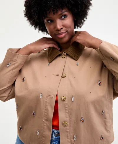 On 34th Trendy Plus Embellished Corduroy-collar Jacket, Macy's Exclusive In Brown