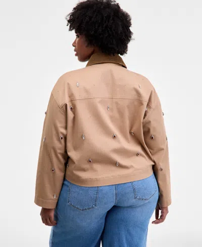 On 34th Trendy Plus Embellished Corduroy-collar Jacket, Macy's Exclusive In Brown