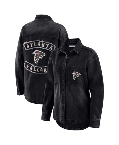 Wear By Erin Andrews Women's Black Atlanta Falcons Washed Oversized Denim Full-snap Shacket In Black
